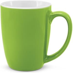 A green coffee mug with a glossy finish and a contrasting white interior. It features a sturdy handle and a sleek design.