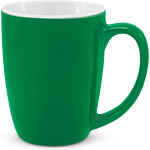 A green coffee mug with a white interior and a simple handle. It features a logo on the side.