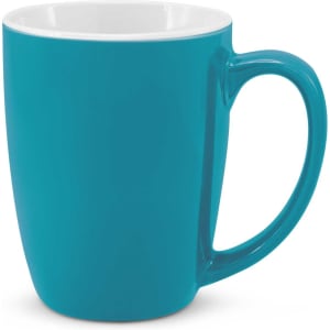 A coffee mug in turquoise with a white interior and a smooth handle. Brand logo visible on the mug.