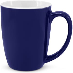 A coffee mug in navy blue with a white interior, featuring a smooth finish and a sturdy handle.