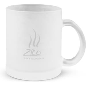 A white Venetian glass coffee mug with a smooth finish and a handle, featuring a logo.