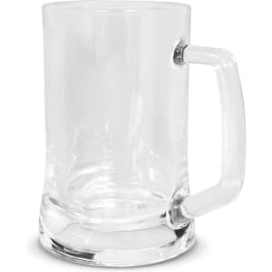 A clear glass beer mug with a sturdy handle and a wide base, designed for serving beer.