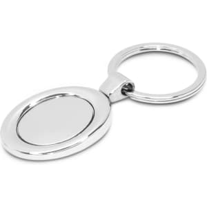 An oval metal key ring with a shiny silver finish featuring an oval section for personalization or branding.