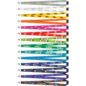 A collection of 20mm Colour Max lanyards in various vibrant colours, featuring multiple logos.