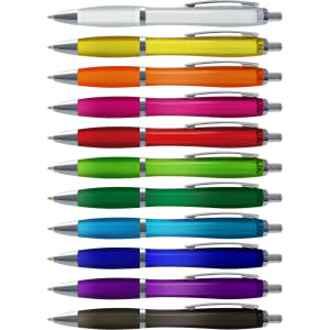A collection of translucent plastic pens in various colours, arranged in a row, featuring silver accents and clips.