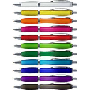 A collection of translucent plastic pens in various colours, including white, yellow, orange, pink, green, blue, and black, with silver accents.