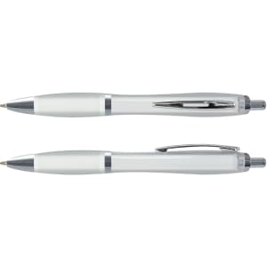 Two translucent pens in white and silver, featuring a sleek design and a silver clip, displayed side by side.