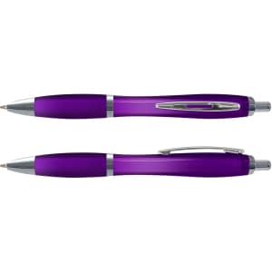A purple translucent pen with chrome accents, featuring a sleek design and a clip for easy attachment.