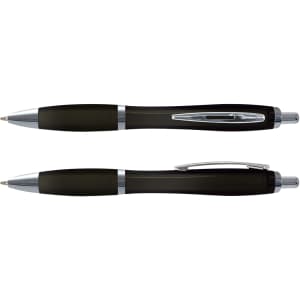 A pair of translucent black plastic pens with silver accents and clips, featuring a smooth design and sleek finish.