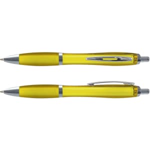 A translucent yellow pen with silver accents, featuring a smooth barrel and a clip design.