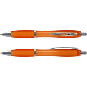 Translucent orange plastic pens with silver accents, featuring a clip and retractable design, laid side by side.