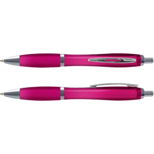 A pair of translucent pink plastic pens with silver accents and clip. One pen is capped; the other is uncapped.