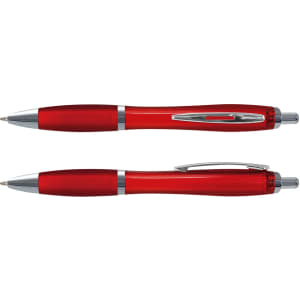 A red translucent plastic pen with chrome accents, featuring a clip and a ballpoint tip.