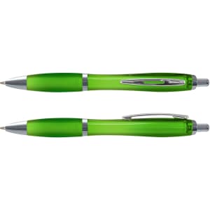 A green translucent Vistro pen with chrome accents and a push mechanism, featuring a clip and grip section.