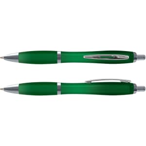 A translucent green pen with silver accents, featuring a sleek design and a clip for easy attachment.