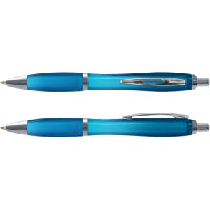 A translucent blue pen featuring silver accents, displayed in a top and side view, with a logo on the barrel.