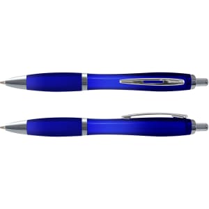 A blue translucent pen with silver accents, featuring a clip and a smooth writing tip, alongside a capped version.
