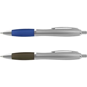 A set of two plastic pens featuring silver barrels with blue and olive green grips. Each pen has branding.