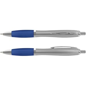 A classic plastic pen in silver and blue, featuring a comfortable grip and a simple design. It has a branding logo.