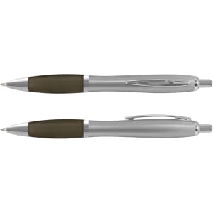 A silver plastic pen with a green rubber grip and a chrome clip, featuring a smooth design and branding.