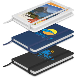 Three notebooks in white, blue, and black, featuring various designs and elastic closures. Each has a logo on the cover.