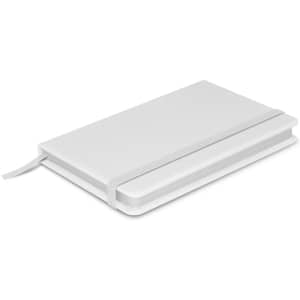 A white notebook with a smooth cover, featuring an elastic band and ribbon bookmark, branded with a logo.
