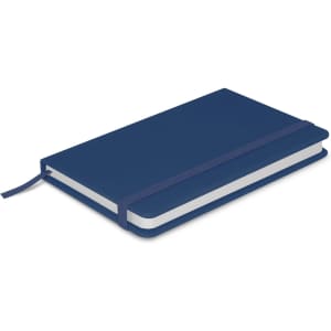 A navy notebook with a smooth cover, featuring an elastic band closure and a ribbon marker.