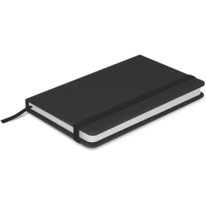 A black notebook with a sleek cover, featuring a white spine and a black elastic band for closure.