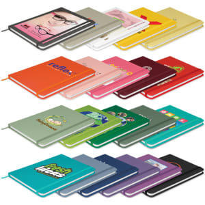 A vibrant collection of notebooks in various colours, featuring unique covers and a logo on some.