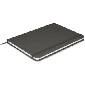 A notebook with a sleek dark cover, featuring an elastic band closure and blank inner pages.