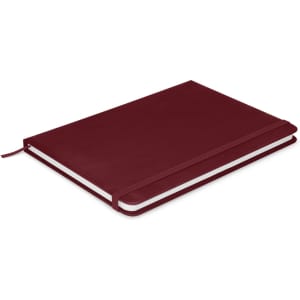A maroon notebook with a textured cover, featuring a ribbon marker and an elastic closure, has a logo displayed on the front.