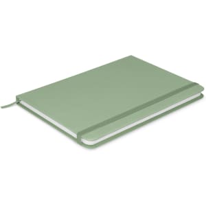 A green Omega Notebook with a smooth cover and an elastic band closure, featuring blank pages inside.