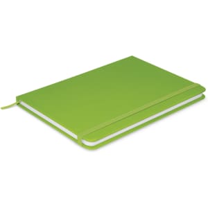 A green Omega Notebook featuring a soft cover, an elastic band closure, and white pages.