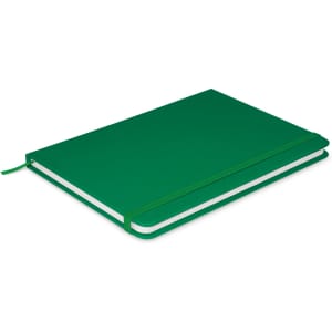 A green Omega Notebook featuring a sleek design and an elastic band closure.