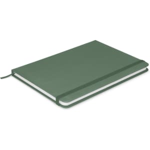 A green notebook with an elastic band closure and blank pages, featuring a branding logo on the cover.