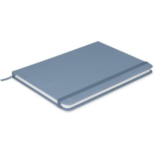 A blue notebook with an elastic band closure, featuring a smooth cover and blank pages inside.