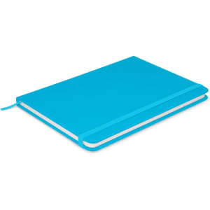 A turquoise notebook with a smooth cover, featuring a bookmark ribbon and elastic band closure.