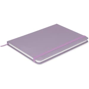A purple notebook with a smooth cover and a contrasting elastic closure, featuring blank pages inside.