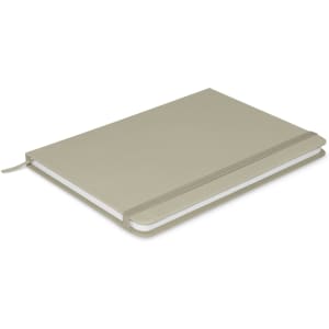 An olive green notebook with a band, featuring a plain cover and white pages.
