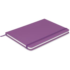A purple Omega Notebook with a smooth cover and elastic band closure, featuring white pages inside.