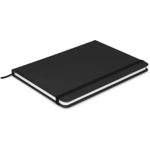 A sleek black Omega Notebook with a sturdy cover and elastic band closure, featuring blank pages inside.