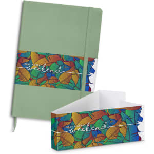 A green notebook with a colourful patterned band features the word "weekend" and includes an open envelope.