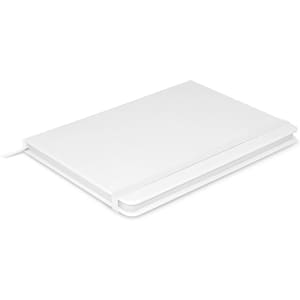 A white Omega Notebook featuring a sleek design with an elastic band closure and a ribbon marker.