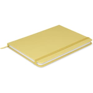 A yellow notebook with a sleek design, featuring a band and blank pages, and includes a logo on the cover.