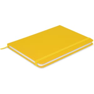A yellow Omega Notebook with a textured cover and a ribbon bookmark, featuring a logo on the front.
