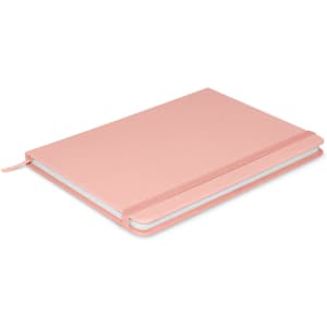 A pink Omega Notebook with a smooth cover and a ribbon bookmark, featuring white pages.