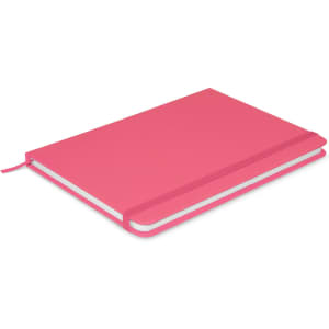 A pink Omega Notebook featuring a flexible cover and an elastic band closure.