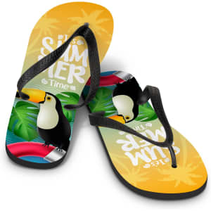Colourful flip flops featuring a toucan design, with a bright yellow and green background and a branding logo.