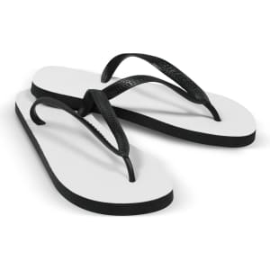 A pair of black and white flip flops, featuring a thong design and a simple, minimalist style.