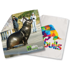 A microfibre polishing cloth featuring a seal on one side and a colourful geometric design on the other.